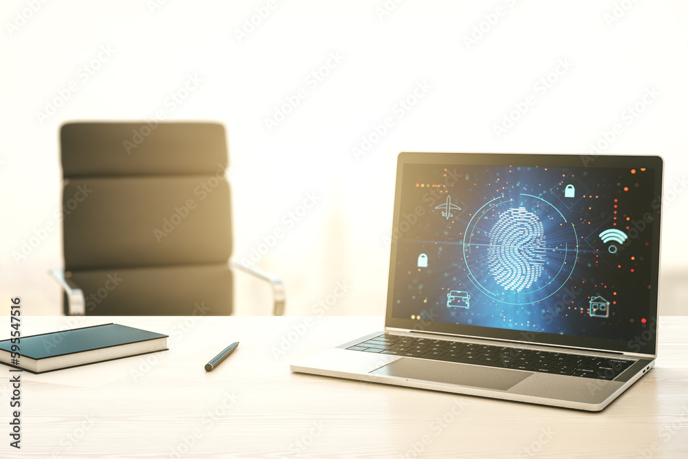 Fototapete abstract creative fingerprint hologram on modern computer monitor, protection of personal informatio