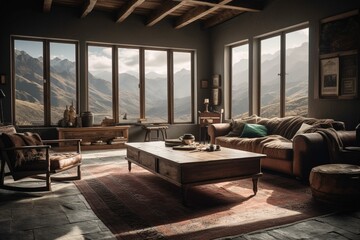 A rustic and atmospheric living room with mountain vistas, featuring coffee tables. Generative AI