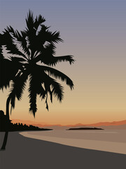 vector illustration depicting the sea coast and the silhouette of a palm tree against the background of the colors of the evening sky for interior design and other illustrations