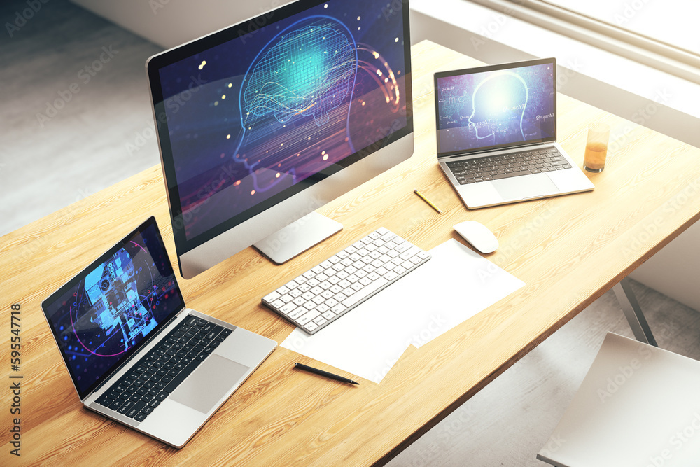 Poster modern computer monitor with creative artificial intelligence symbol. neural networks and machine le