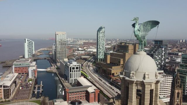 Aerial Drone showing Liver Building and Liverpool Cityscape 
