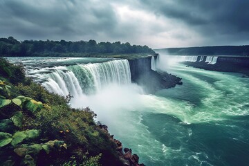 Niagara Falls Splendor: Canadian Side, Powerful Cascade, Lush Greenery, Stunning Landscape, Captivating Beauty, Generative AI