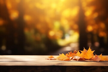 Autumn themed Wooden Table Top with Maple Leaves Background for Product Display Mockup