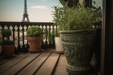 Fototapeta na wymiar Potted plant on balcony with fence, window sill & Eiffel Tower background. Generative AI