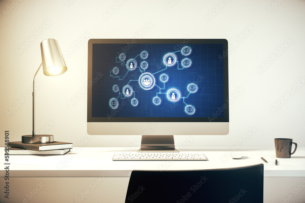 Poster Modern computer display with social network icons concept. Networking concept. 3D Rendering