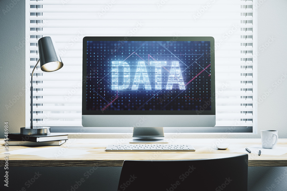 Poster creative data word sign on modern laptop screen. 3d rendering