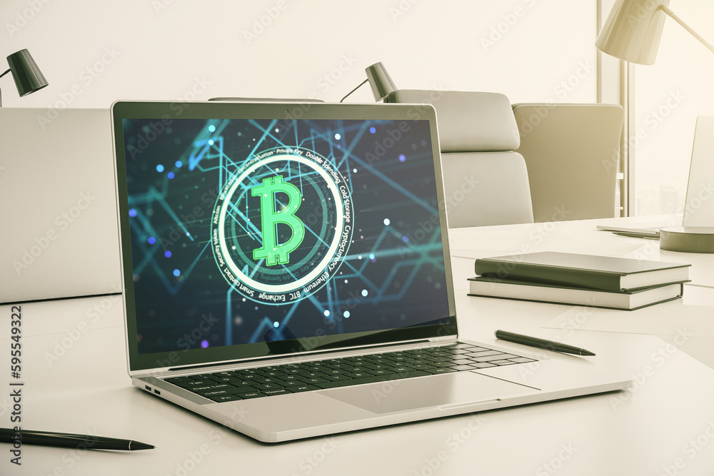 Poster Creative Bitcoin concept on modern computer monitor. 3D Rendering
