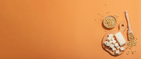 Fresh Tofu cheese with soybeans. Cube pieces, healthy ingredient for vegan lifestyle, modern stand