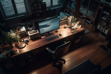 Bird's eye view of office with computer, desk, and window. Generative AI