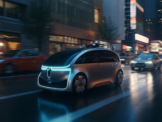 Fototapeta na wymiar A.I. Controlled Autonomous Car Navigating Through a Busy City Street During Rush Hour
