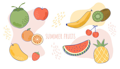 Hand drawn Summer fruits vector illustration. Minimal fruit vector in pastel color. Flat strawberry, watermelon, coconut, cherry, banana. pineapple, orange, apple and kiwi.
