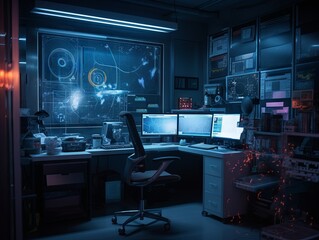 An A.I. System Analyzing Data in a Futuristic Laboratory During the Night