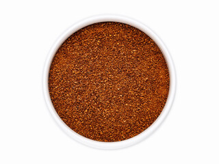 Coconut sugar close-up in a white cup on a white background, top view, flat lay, isolate. Nectar of coconut flowers.