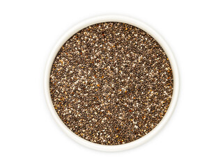 Obraz na płótnie Canvas Chia seeds close-up in a white cup on a white background, top view, flat lay, isolate.