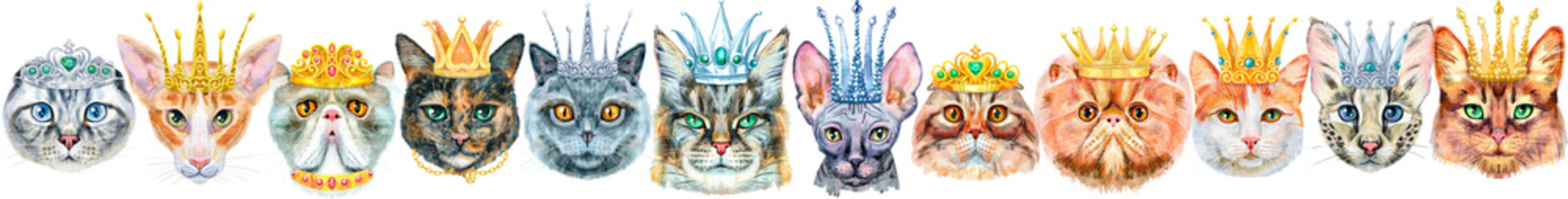 Border of portraits of cats of different breeds in crowns. Watercolor hand drawn illustration