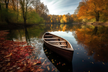 Lake surrounded by autumn foliage, a small wooden boat.