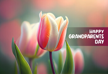Happy Grandparents Day blooming tulip flower in spring on pastel bokeh background. Generative Ai