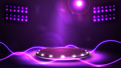 Podium for product presentation with spotlights and line neon waves lasers around