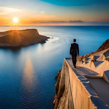 This AI-generated image features a talented businessman gazing towards the horizon where the sun rises over an empty expanse of water, representing untapped potential. 
