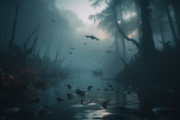 Surrealistic scene of sharks swimming in forest, group flying in foggy fantasy landscape. Generative AI