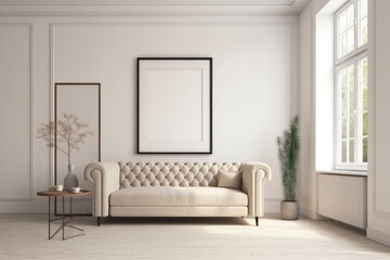 Fototapeta premium The neutral tones and natural light in this cozy living room make it the perfect space to relax on a comfortable white couch. AI Generative
