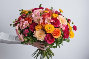 Woman hand hold bouquet of colorful flowers on white background. AI Generated.