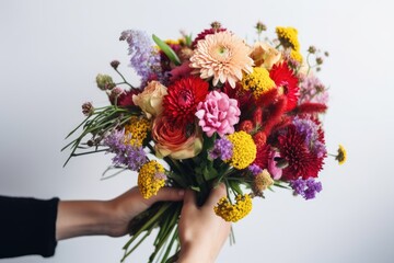 Woman hand hold bouquet of colorful flowers on white background. AI Generated.