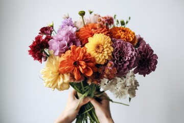 Woman hand hold bouquet of colorful flowers on white background. AI Generated.