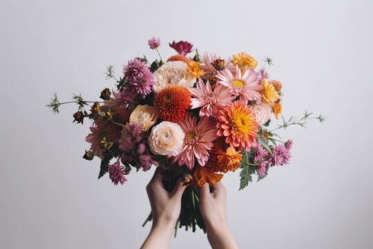 Woman hand hold bouquet of colorful flowers on white background. AI Generated.