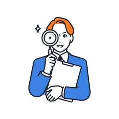 笑顔で虫眼鏡を覗くスーツの若い男性のシンプルなベクターイラスト素材