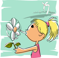 Girl holds a daisy and blows the daisy as if it were a wind turbine close-up and side view. In the background a wind farm.