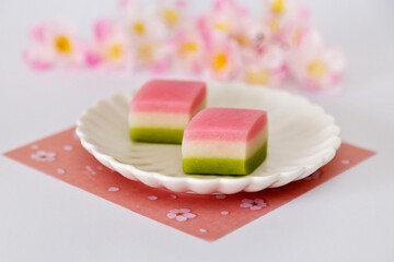 Festival of Japanese girls. Pink, white and green mochi diamond. Doll festival of Japan.