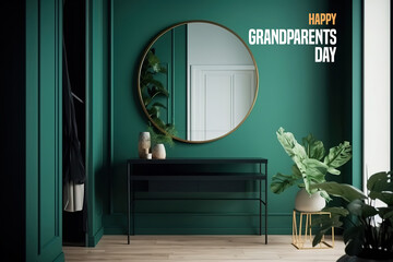 Happy Grandparents Day Round mirror and table in modern room interior. Generative Ai