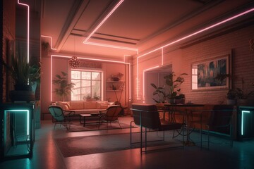 Award-winning interior design with neon artwork, glowing 8k walls, pale pink and light gray decor in vintage building. Generative AI