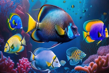Fototapeta na wymiar A group of colorful tropical fish swimming in the ocean. Animals of the underwater sea world created with Generative Ai Technology