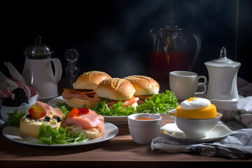 Brunch table setting with buns and croissants served with smoked salmon, salad, eggs and other, side view, generative AI.