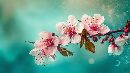 Sakura blossom flower with light bluish background. Generative AI