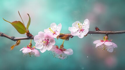 Sakura blossom flower with light bluish background. Generative AI