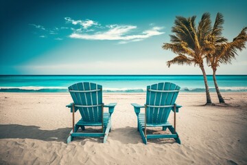 Two blue chairs sitting on top of a sandy beach, created with Generative Ai Technology