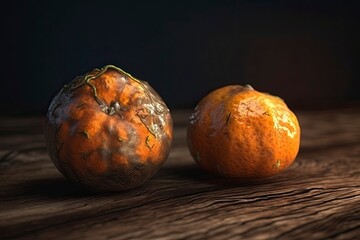 Fototapeta premium Rotten Mandarins on a wooden table. Dim studio light. Generate AI.