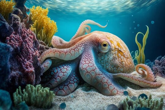 A painting of an octopus in the ocean, created with Generative Ai Technology