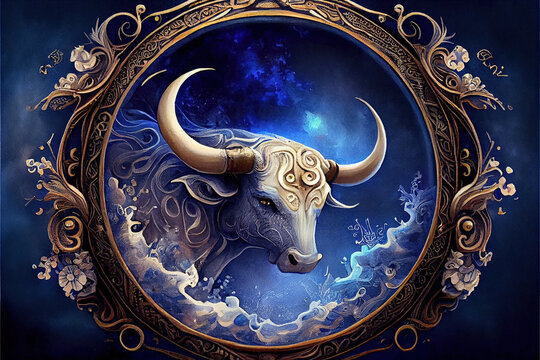 Contemporary abstract zodiac sign of taurus dark blue horoscope symbol with astrology icon. Realistic magical bull head round decorative ornament design. Superb Generative AI