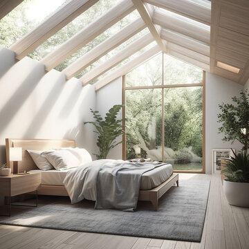 A bedroom with a bed and a large window. AI generative. Cosy Norvegian house