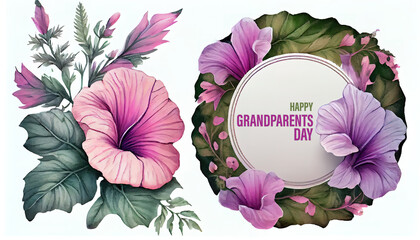 Happy Grandparents Day round frame. pink purple mallow with leaves. Generative Ai