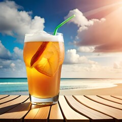 Glass of bear very beautiful scene on beach