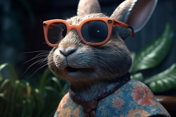 Beautiful cute hare in sunglasses and a summer shirt. Generative AI.