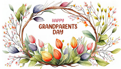 Happy Grandparents Day watercolor spring happy wreath tree branch with leaves tulip flowers. Generative Ai