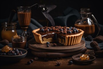 Decadent dessert with rich chocolate and sweet honey pie filling. Generative AI