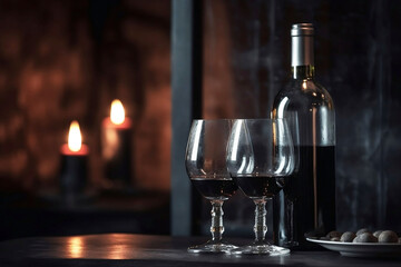 Restaurant background with two wine glasses and a wine bottle on table, copy space