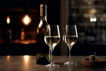 Restaurant background with two wine glasses and a wine bottle on table, copy space